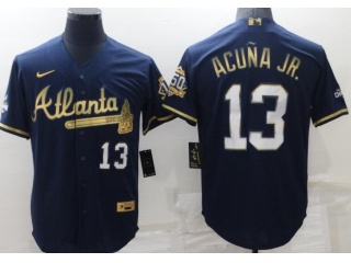 Nike Atlanta Braves #13 Ronald Acuna Jr.With Golden Number Cool Base Jersey Blue 