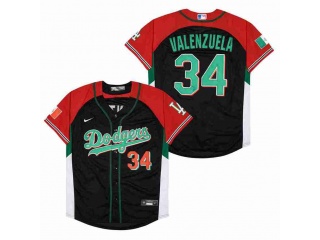Nike Los Angeles Dodgers #34 Fernando Valenzuela Mexico Jersey Black with Red Sleeves