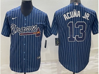 Nike Atlanta Braves #13 Ronald Acuna Jr With White Stripes Cool Base Jersey Blue