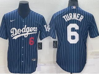 Nike Los Angeles Dodgers #6 Justin Turner Pinstrip Cool Base Jersey Blue
