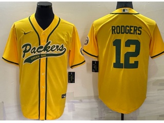 Green Bay Packers #12 Aaron Rodgers Baseball Jersey Yellow