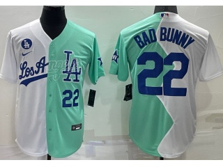 Los Angeles Dodgers #22 Bad Bunny On Front Cool Base Jersey White With Blue Number