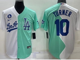 Nike Los Angeles Dodgers #10 Justin Turner Split Cool Base Jersey White Teal