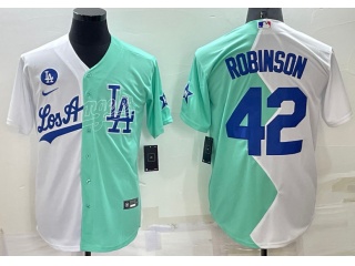 Nike Los Angeles Dodgers #42 Jackie Robinson Split Cool Base Jersey White Teal 