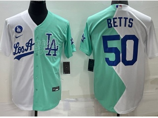Nike Los Angeles Dodgers #50 Mookie Betts Split Cool Base Jersey White Teal