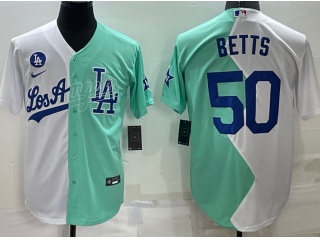 Nike Los Angeles Dodgers #50 Mookie Betts Split Cool Base Jersey White Teal 