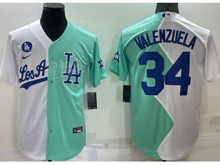 Nike Los Angeles Dodgers #34 Fernando Valenzuela Split Cool Base Jersey White Teal