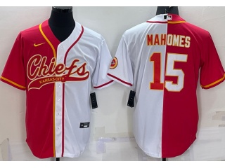 Kansas City Chiefs #15 Patrick Mahomes Split Baseball Jersey Red White 