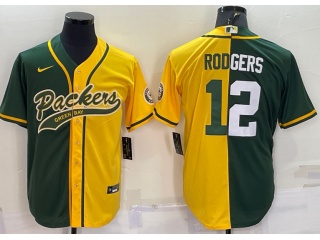Green Bay Packers #12 Aaron Rodgers Split Baseball Jersey Green Yellow