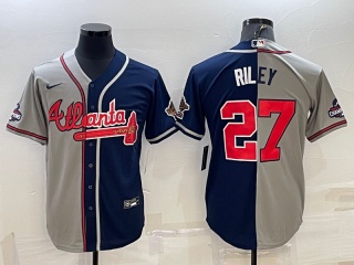 Nike Atlanta Braves #27 Austin Riley Split Baseball Jersey Grey/Navy Blue