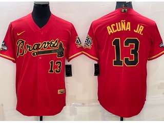 Nike Atlanta Braves #13 Ronald Acuna Jr With Golden Number Cool Base Jersey Red