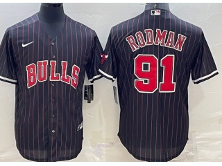 Chicago Bulls #91 Dennis Rodman Pinstrip Baseball Jersey Black 