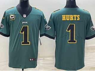 Philadelphia Eagles #1 Jalen Hurts With Golden Name Limited Jersey Green