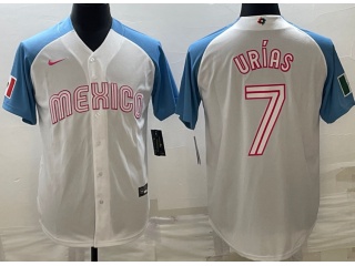 Mexico #7 Julio Urias With Blue Sleeves Jersey White