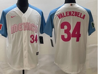 Mexico #34 Fernando Valenzuela With Blue Sleeves Jersey White 