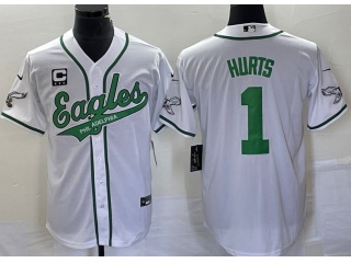 Philadelphia Eagles #1 Jalen Hurts With C Pacth Baseball Jersey White 