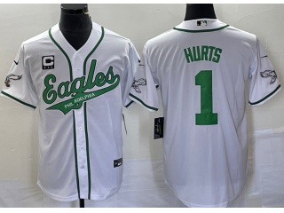 Philadelphia Eagles #1 Jalen Hurts With C Pacth Baseball Jersey White