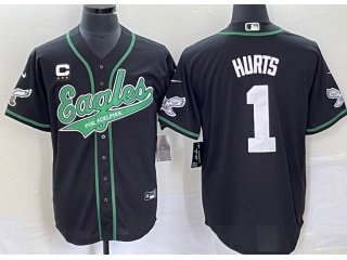 Philadelphia Eagles #1 Jalen Hurts With C Pacth Baseball Jersey Black