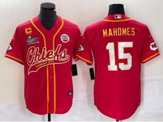 Kansas City Chiefs #15 Patrick Mahomes w/ Superbowl C Patches Baseball Jersey Red with Golden Name