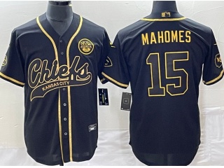 Kansas City Chiefs #15 Patrick Mahomes Baseball Jersey Black Gold 