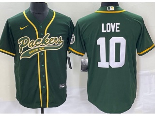 Green Bay Packers #10 Jordan Love Baseball Jersey Green