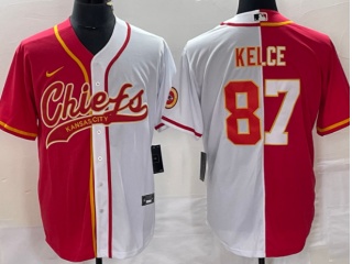 Kansas City Chiefs #87 Travis Kelce White Split Baseball Jersey Red