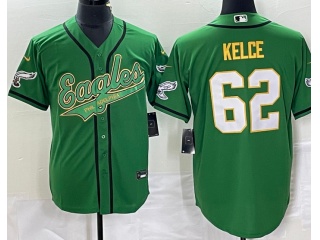 Philadelphia Eagles #62 Jason Kelce With Golden Name Baseball Jersey Kelly Green