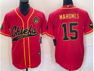 Kansas City Chiefs #15 Patrick Mahomes With Gold Name Baseball Jersey Red