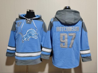 Detroit Lions #97 Aidan Hutchinson Hoodies Baby Blue/Grey