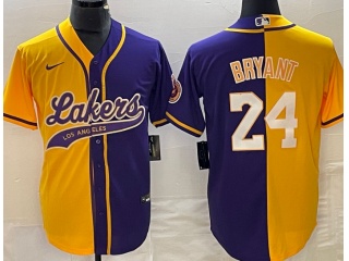 Los Angeles Lakers #24 Kobe Bryant Spilt Baseball Jersey Yellow Purple