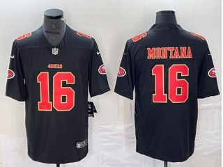 San Francisco 49ers #16 Joe Montana with Red Number/Gold Embroidery Fashion Limited Jersey Black