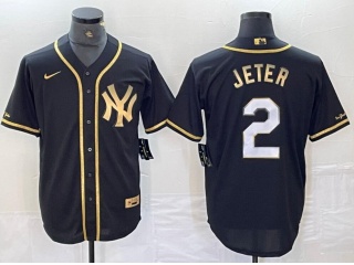 Nike New York Yankees #2 Derek Jeter Cool Base Jersey Black Golden