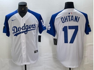 Los Angeles Dodgers #17 Shohei Ohtani with Blue Shoulders Cool Base Jersey White