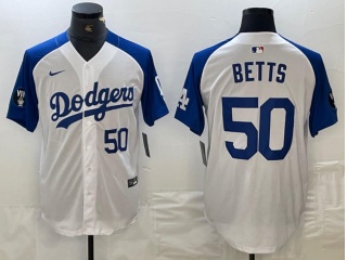 Los Angeles Dodgers #50 Mookie Betts with Blue Shoulders Cool Base Jersey White