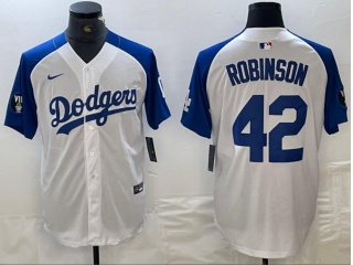 Los Angeles Dodgers #42 Jackie Robinson with Blue Shoulders Cool Base Jersey White