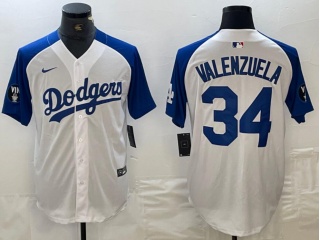 Los Angeles Dodgers #34 Fernando Valenzuela with Blue Shoulders Cool Base Jersey White