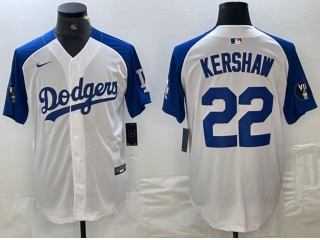 Los Angeles Dodgers #22 Clayton Kershaw with Blue Shoulders Cool Base Jersey White
