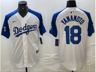 Los Angeles Dodgers #18 Yoshinobu Yamamoto with Blue Shoulders Cool Base Jersey White