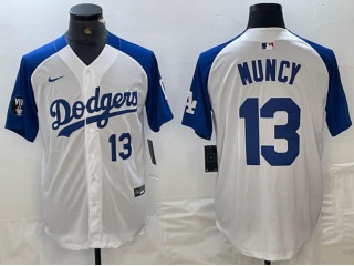 Los Angeles Dodgers #13 Max Muncy with Blue Shoulders Cool Base Jersey White