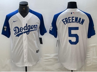 Los Angeles Dodgers #5 Freddie Freeman with Blue Shoulders Cool Base Jersey White