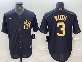 New York Yankees #3 Babe Ruth Cool Base Jersey Black Golden