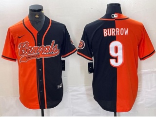 Cincinnati Bengals #9 Joe Burrow Split Baseball Jersey Black/Orange