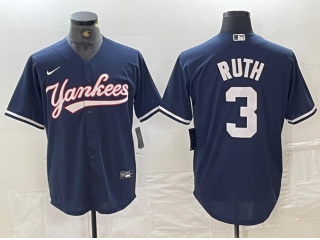 New York Yankees #3 Babe Ruth Fashion Baseball Jersey Navy Blue