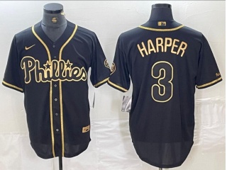 Nike Philadelphia Phillies #3 Bryce Harper Cool Base Jersey Black Gold