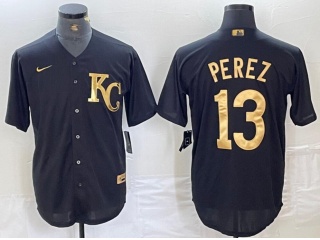 Kansas City Royals #13 Salvador Perez Cool Base Jersey Black/Golden