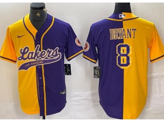 Los Angeles Lakers #8 Kobe Bryant Spilt Baseball Jersey Purple Yellow