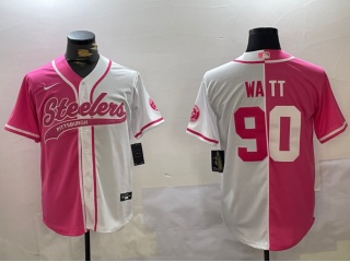 Pittsburgh Steelers #90 T.J. Watt Split Baseball Jersey White/Pink