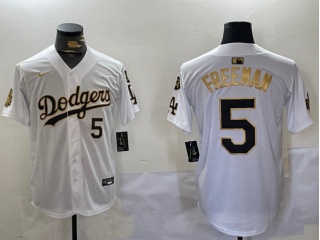 Los Angeles Dodgers #5 Freddie Freeman with 2024 WS Patch & 34 Patch Players Limited Jersey White Go...
