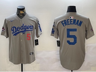 Los Angeles Dodgers #5 Freddie Freeman with 2024 Champions Patch and 34 Black Patch Players Limited Jersey Grey