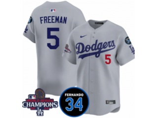 Los Angeles Dodgers #5 Freddie Freeman with 2024 Champions Patch and 34 Black Patch Players Limited Jersey Grey
